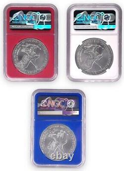 2023 Silver Eagle Red White Blue 3 Coin Set NGC MS70 ER Trump Label Display Case