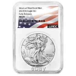 2023 (W) $1 American Silver Eagle 3pc Set NGC MS69 ER Flag Label Red White Blue