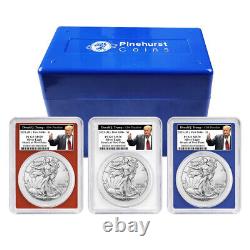 2023 (W) $1 American Silver Eagle 3pc Set PCGS MS70 FS Trump 45th Label Red Whit