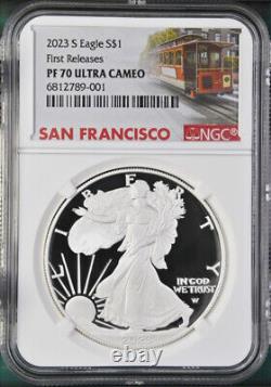 2023 s proof silver eagle ngc pf 70 uc first release trolley label in hand
