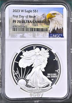 2023 w proof silver eagle ngc pf 70 uc first day of issue mtn label in hand