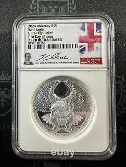 2024 Alderney Bald Eagle 2 oz Silver Proof UHR NGC PF70 Ultra Cameo FDOI Signed