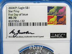 2024 (P) American Silver Eagle With 5-Star Privy NGC Ms 70 FDOI, M. Gaudioso Signed