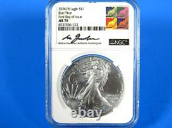 2024 (P) American Silver Eagle With 5-Star Privy NGC Ms 70 FDOI, M. Gaudioso Signed