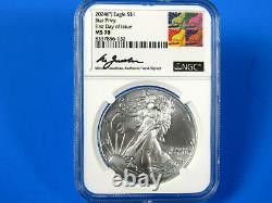 2024 (P) American Silver Eagle With 5-Star Privy NGC Ms 70 FDOI, M. Gaudioso Signed