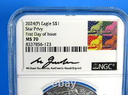 2024 (P) American Silver Eagle With 5-Star Privy NGC Ms 70 FDOI, M. Gaudioso Signed