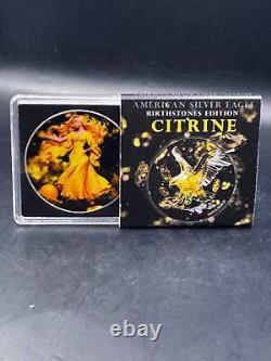 2024 Silver Eagle. 999 1oz Silver Coin Colorized November Citrine Gemstone
