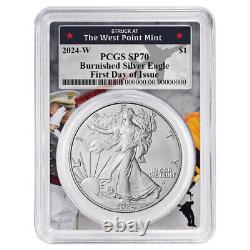 2024-W Burnished $1 American Silver Eagle PCGS SP70 FDOI West Point Frame