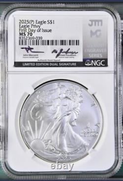 2025 P Silver Eagle Eagle Privy NGC MS70 First Day Dual Signed Mercanti Gaudioso