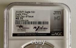 2025 P Silver Eagle Eagle Privy NGC MS70 First Day Dual Signed Mercanti Gaudioso