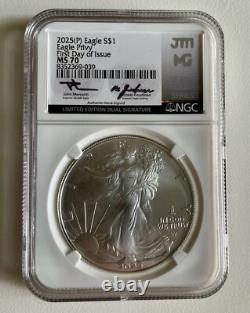 2025 P Silver Eagle Eagle Privy NGC MS70 First Day Dual Signed Mercanti Gaudioso