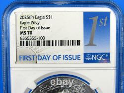 2025 (P), W, S, 6-Coin, American Silver Eagle Year Set NGC Pf/MS 70 FDOI