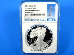 2025 (P), W, S, 6-Coin, American Silver Eagle Year Set NGC Pf/MS 70 FDOI