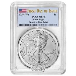 2025 (W) $1 American Silver Eagle PCGS MS70 FDOI Flag Label