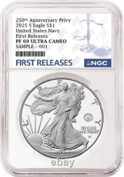 2025 s silver eagle navy 250th anniversary privy ngc pf 69 fr fr