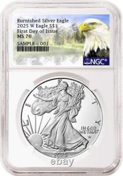 2025 w burnished silver eagle ngc ms70 first day of issue mtn label pre-sale
