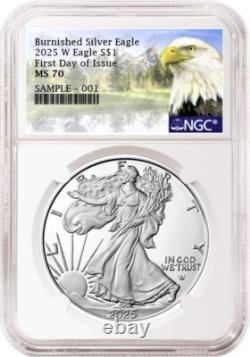 2025 w burnished silver eagle ngc ms70 first day of issue mtn label pre-sale