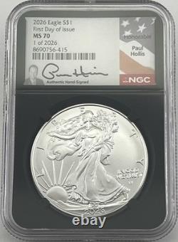 2026 AMERICAN SILVER EAGLE NGC MS70 FDOI BLACK CORE PAUL HOLLIS SIGNED 1 of 2026