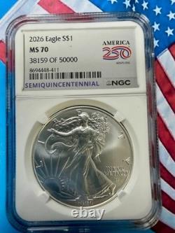 2026 SILVER EAGLE FIRST 50,000 NGC MS70(AMERICA 250 LABEL)38159 Of 50,000-NICE