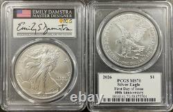 2026 Silver American Eagle PCGS MS70 FDOI Damstra 40th Anniversary Label