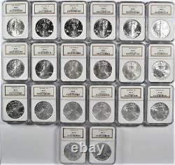 20 PIECE LOT 1oz. 999 SILVER AMERICAN EAGLE DOLLARS 1986-2005 NGC MS 69 WithBOX