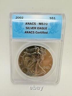 3 COINS- 2001, 2002, 2003 AMERICAN SILVER EAGLE ANACS MS70 BLUE LABEL Certified