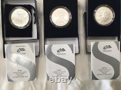 3 US Mint American Eagle Silver Uncirculated Dollars 2006W, 2007W & 2008W