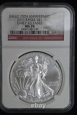 AMERICAN SILVER EAGLES 2007W, 2008W, 2011,2021S Mixed Lot Graded MS70 MS69