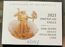 American Eagle 2021 One-Tenth Ounce Gold Coin W MINT 21EEN OGP & COA RARE