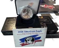 American Eagle 2026 One Ounce Silver Enhanced Uncirculated Coin In Hand. 26EG