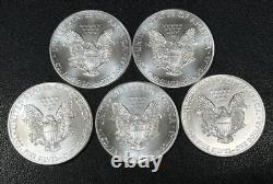 American Silver Eagle BU 1 Oz Coins $1 Dollar Uncirculated Brilliant Lot of 5