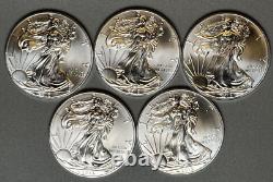 American Silver Eagle BU 1 Oz Coins $1 Dollar Uncirculated Brilliant Lot of 5
