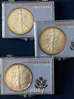 American Silver Eagle-Lot of 3-Years 1991, 1992, 1993 / Rainbow Rim Toning