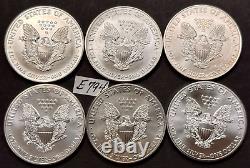 American Silver Eagles Lot of SIX GEM BU Coins DIFFERENT Dates 1998-2015 #E794