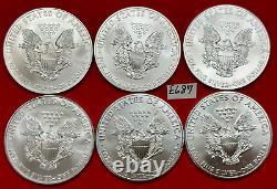 American Silver Eagles Lot of SIX GEM BU Silver Eagle Coins Dated 2008-2015 E687