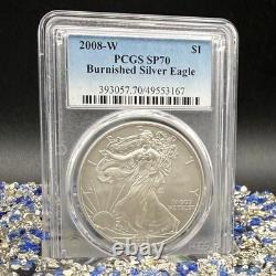 Burnished 2008 (W) $1 Silver Eagle PCGS SP70 Blue Classic Label Spotless Mint