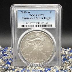 Burnished 2008 (W) $1 Silver Eagle PCGS SP70 Blue Classic Label Spotless Mint