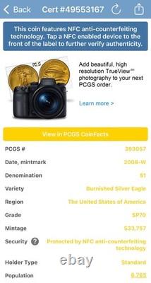 Burnished 2008 (W) $1 Silver Eagle PCGS SP70 Blue Classic Label Spotless Mint