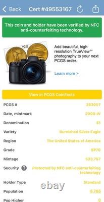 Burnished 2008 (W) $1 Silver Eagle PCGS SP70 Blue Classic Label Spotless Mint Burnished 2008 (W) $1 Silver Eagle PCGS SP70 Blue Classic Label Spotless Mint
