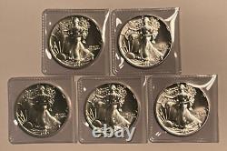 Five BU 1989 1 oz. 999 Fine Silver American Silver Eagle $1 Coins