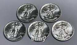 Five BU 1989 1 oz. 999 Fine Silver American Silver Eagle $1 Coins