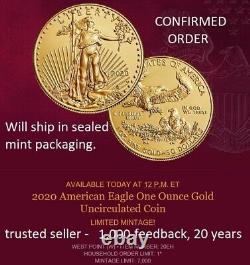 In Hand Sealed Mint Pkg American Eagle 2020 (W) One Ounce Gold Uncirculated Coin