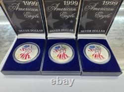 LOT OF (3) Colorized 1999 American Eagle 1 oz. 999 Fine SILVER with COA