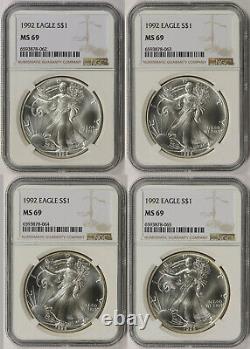 Lot 4 Coins 1992 American Silver Eagle $1 MS 69 NGC