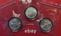 Lot Of 3 2011p American Silver Eagle Bullion Type-1 From Us Mint Tubes, Uncirc
