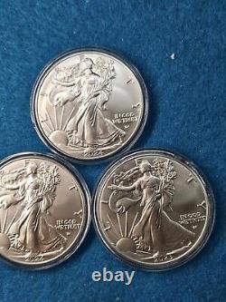 Lot Of 3 Silver American Eagles $1 2023, & (2) 2024