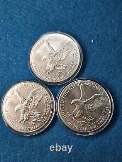 Lot Of 3 Silver American Eagles $1 2023, & (2) 2024