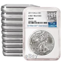 Lot of 10 2017 $1 American Silver Eagle NGC MS69 225th Anniversary ER Label