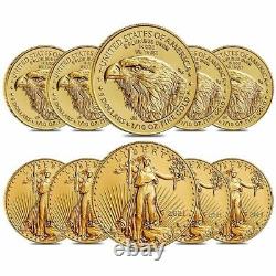 Lot of 10 2021 1/10 oz Gold American Eagle $5 Coin BU Type 2