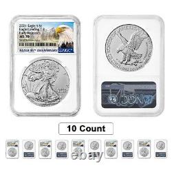 Lot of 10 2021 1 oz Silver American Eagle Type 2 NGC MS 70 ER (Eagle Label)